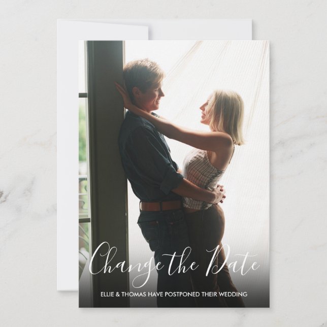 Convites Mudar a Data do Casamento Script Foto (Frente)