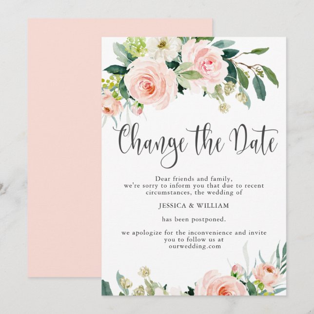 Convites Mudar a Data Rosas Coradas Casamento Adiado (Frente/Verso)