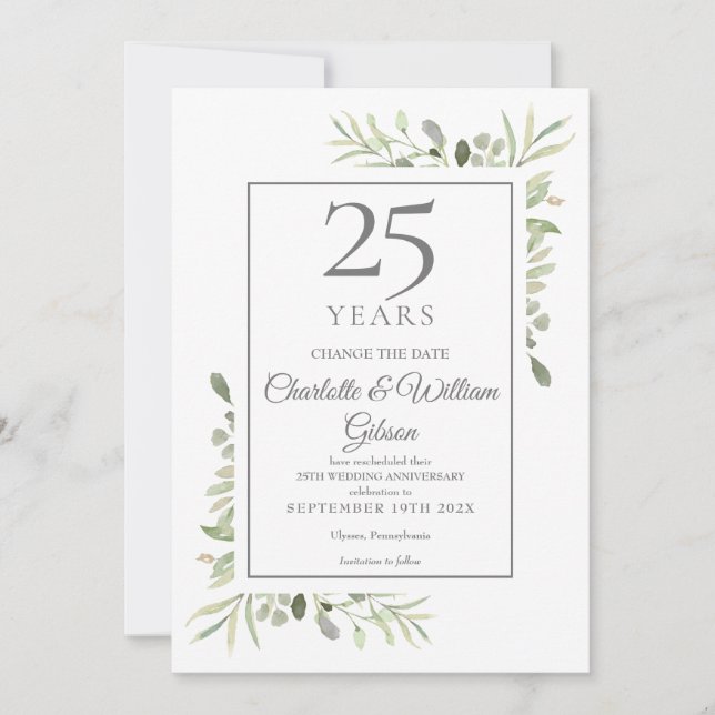 Convites Mude a Data 25º Aniversário de Casamento com Veget (Frente)