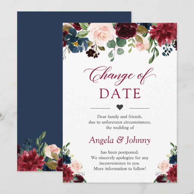 Convites Mude a Data Chic Burgundy Navy Blue Flores (Frente/Verso)