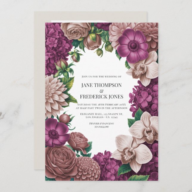 Convites Mulberry, Mauve Clay & Soft Fig Wedding Invitation (Frente/Verso)