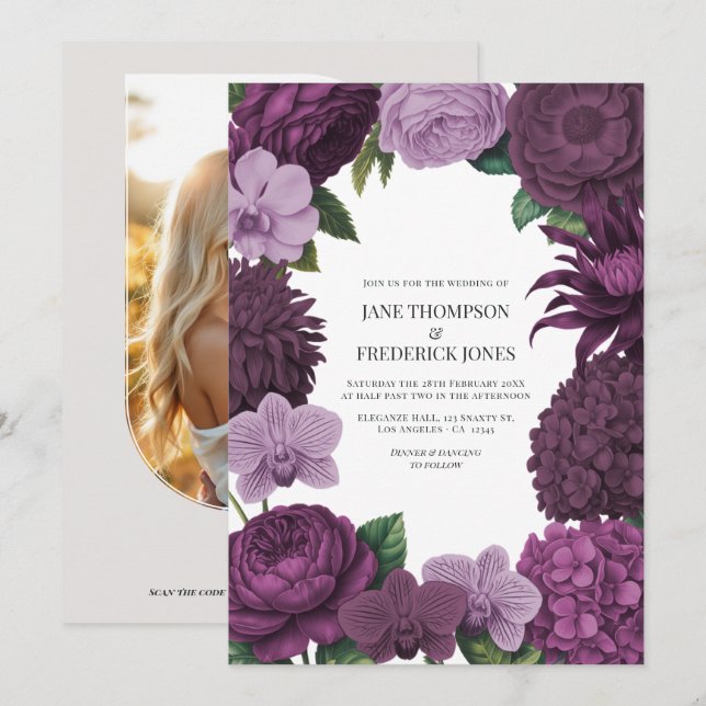 Convites Mulberry Wine, Deep Fig & Dusty Lavender Wedding (Frente/Verso)