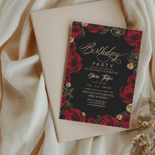 Convites Mulher Aniversário Vermelho Dourado Rosas