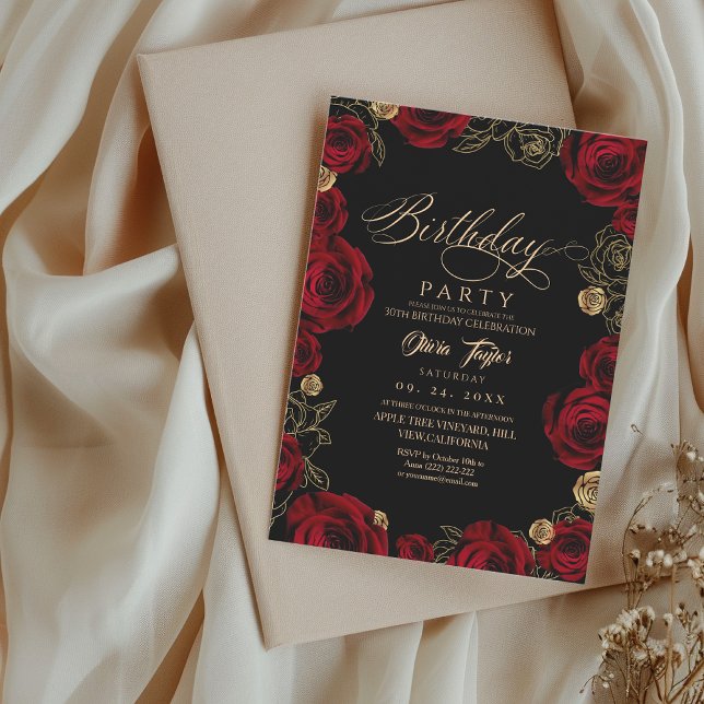 Convites Mulher Aniversário Vermelho Dourado Rosas (Criador carregado)