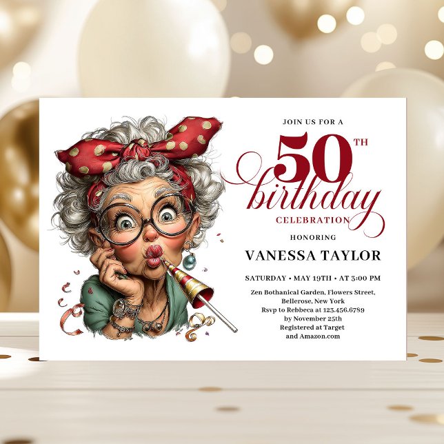 Convites Mulher Caprichosa e Excêntrica Aniversário de 50 A (Stylish Whimsical Woman 50th Birthday Funny Cartoo Invitation)