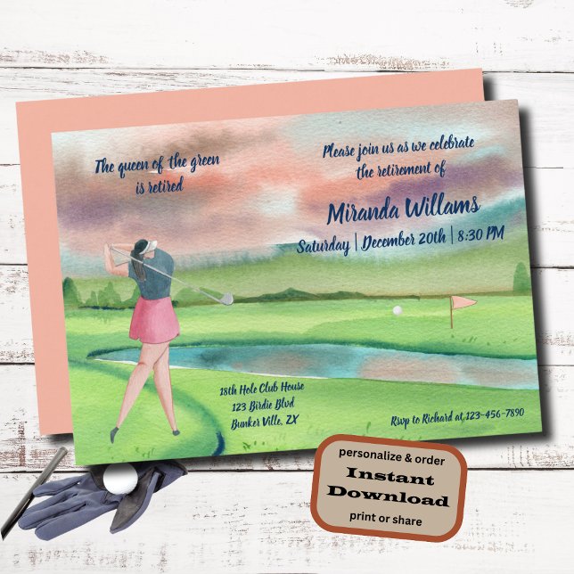 Convites Mulher de Golfe Aposentada de Aquarela em Verde (Criador carregado)