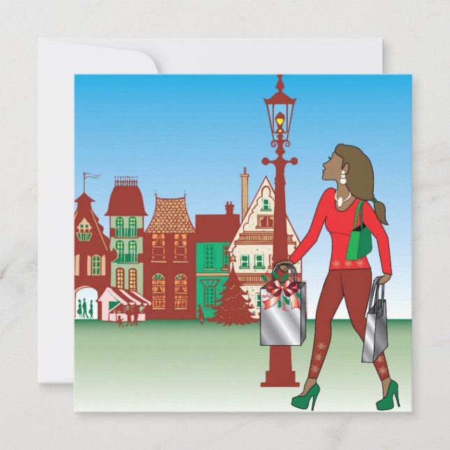 Convites Mulher de Natal comprando com bolsas vestidas de m (Frente)