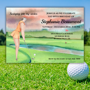 Convites Mulher Elegante Jogadora de Golfe Balançando 60º A