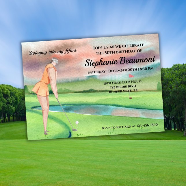 Convites Mulher Elegante Jogadora de Golfe Balançando os 50 (Criador carregado)