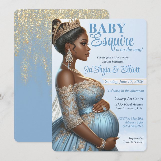 Convites Mulher Étnica Chuveiro de Bebê Azul e Dourado Real (Frente/Verso)