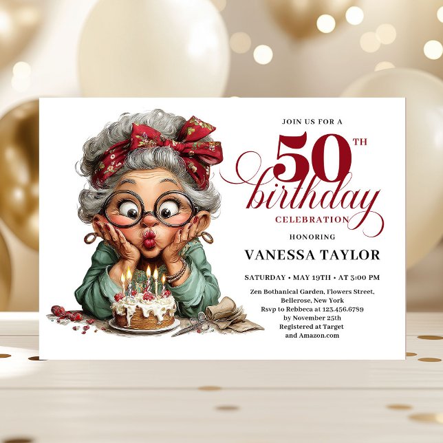 Convites Mulher Excêntrica Doce Aniversário de 50 anos Humo (Sweet Quirky Woman 50th Birthday Whimsical Humor Invitation)