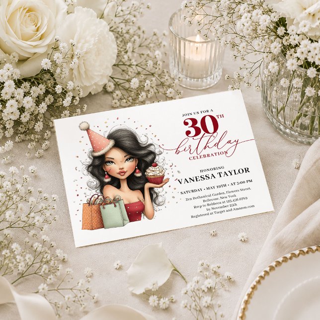 Convites Mulher Excêntrica e Caprichosa Aniversário de 30 a (Quirky Whimsical Woman 30th Birthday Deep Red Invite

)