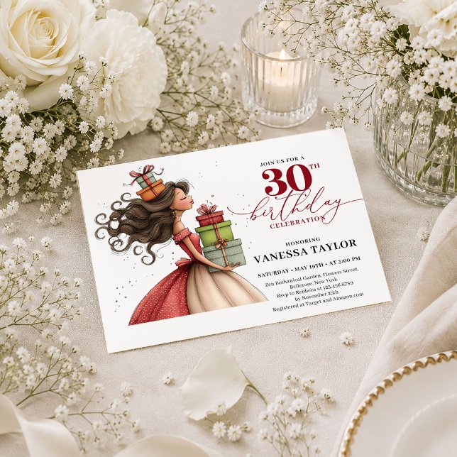 Convites Mulher Excêntrica e Sofisticada Aniversário de 30  (Classy Quirky Woman 30th Birthday Deep Red Party Card

)