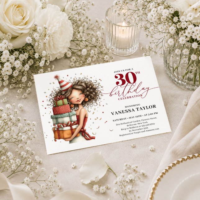 Convites Mulher Excêntrica e Sofisticada Aniversário de 30  (Classy Whimsical Woman 30th Birthday Deep Red Invite

)