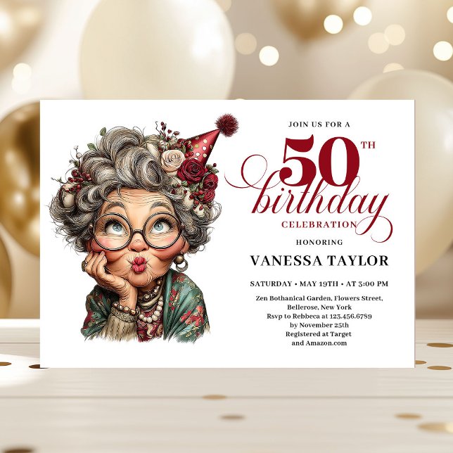 Convites Mulher Excêntrica Rústica Aniversário de 50 anos H (Rustic Quirky Woman 50th Birthday Whimsical Humor Invitation)