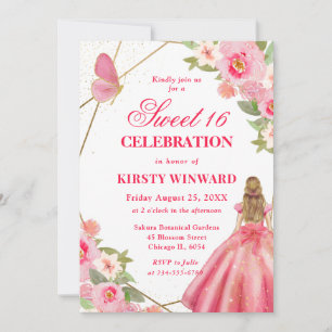 Convites Mulher Loira de Vestido Rosa Flores Sweet 16
