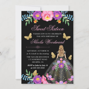 Convites Mulher Loira em Vestido Floral Mexicano Sweet 16