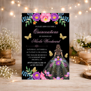 Convites Mulher Morena de Vestido Floral Mexicano Quinceane