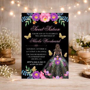 Convites Mulher Morena de Vestido Floral Mexicano Sweet 16