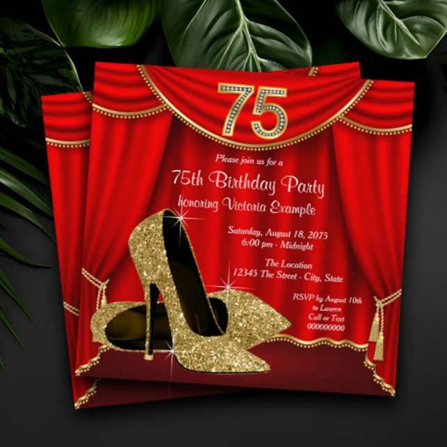 Convites Mulheres 75.o aniversário (Womans elegant red and gold 75th birthday party invitation. Simply add your event details.)