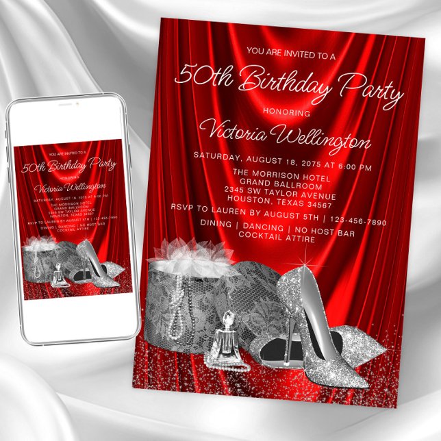 Convites Mulheres Calçado de prata vermelha qualquer número (Womans red silver any number birthday invitation. Instant download and printed invitations available)