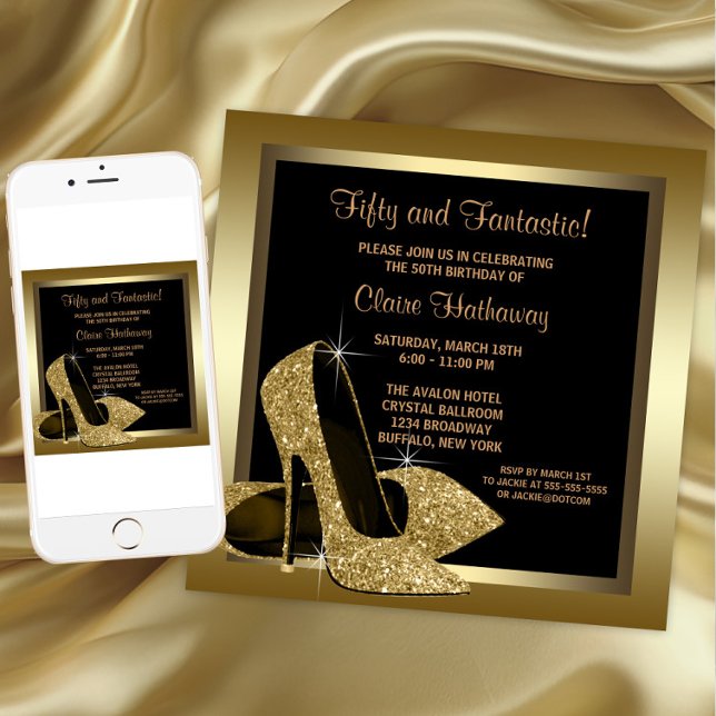Convites Mulheres de salto alto Dourado e preto no 50º aniv (Black Gold High Heels Any Number Birthday Invitation. Download and printed invitations available.)