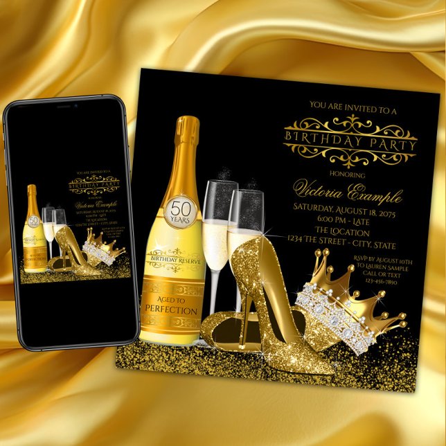 Convites Mulheres Douradas Black High Heels Princesa Birthd (Woman black and gold birthday party invitation with gold high heel shoes, crown and champagne. Any #)