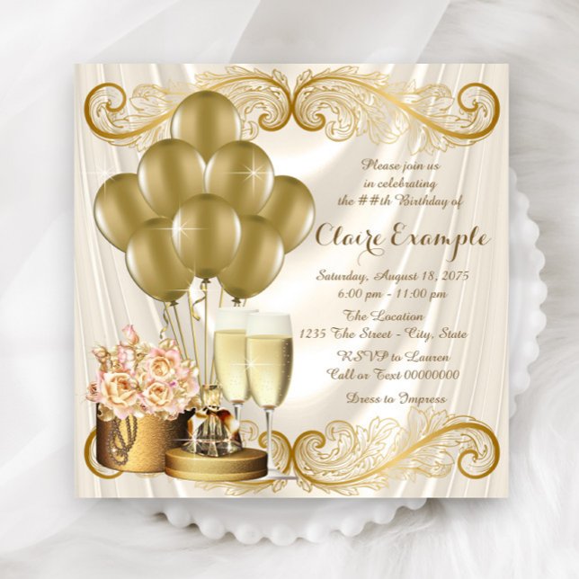 Convites Mulheres marfim e Festa de aniversário Dourada (Beautiful ivory and gold any number birthday and event invitation. Simply add your event details.)