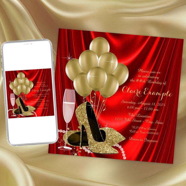 Convites Mulheres, Red e Dourada Satin (Elegant red and gold shoe any event invitation. Instant download and printed invitations available.)