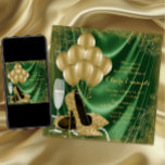 Convites Mulheres verde e Festa de aniversário Dourada Sati<br><div class="desc">Convite de aniversário verde esmeralda e ouro da mulher apresentando belos calçados de salto alto, brilho dourado, balões de ouro, champanhe e pérolas em um fundo verde esmeralda e espiral dourada. Este elegante convite de aniversário verde e dourado é facilmente personalizado para o seu evento simplesmente adicionando os seus detalhes...</div>