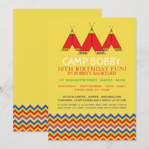 Convites Multicolor Chevron Tipi, Camping Birthday