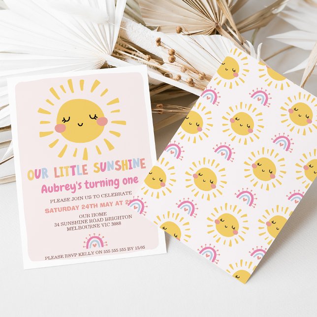 Convites Multicolor Nosso Pequeno primeiro aniversario Sol (Our Little Sunshine 1st Birthday Invitation, Girl Summer Birthday, Girls Sun First Birthday Party, )