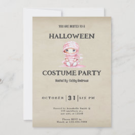 Convites Múmia Listrada de Rosa e Branco Halloween Vintage