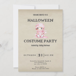 Convites Múmia Listrada de Rosa e Branco Halloween Vintage