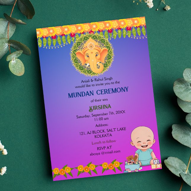 Convites Mundan Ceremony Ganesha Logotipo Floral Mínimo (Criador carregado)
