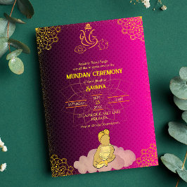Convites Mundan Ceremony Ganesha logótipo Royal Ouro & Pink