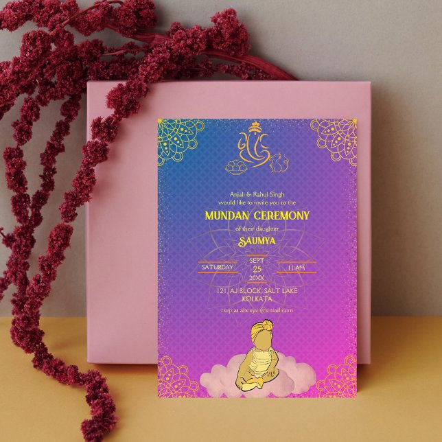 Convites Mundan Ceremony Ganesha logótipo Royal Ouro & Pink (Criador carregado)