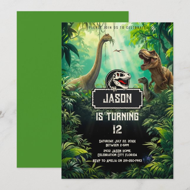 Convites Mundo Legal dos Dinossauros Aniversário Jurássico  (Frente/Verso)