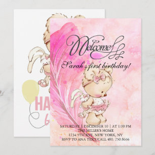 Convites Mundo rosa com pena mágica, aniversário para menin