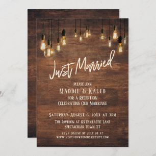 Convites Muro de madeira marrom com luzes Edison, Recem cas