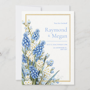 Convites Muscari Azul Flor Branca Moldura Dourada Casamento