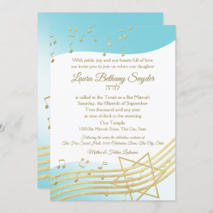 Convites Music Bat Mitzvah Blue e Dourado