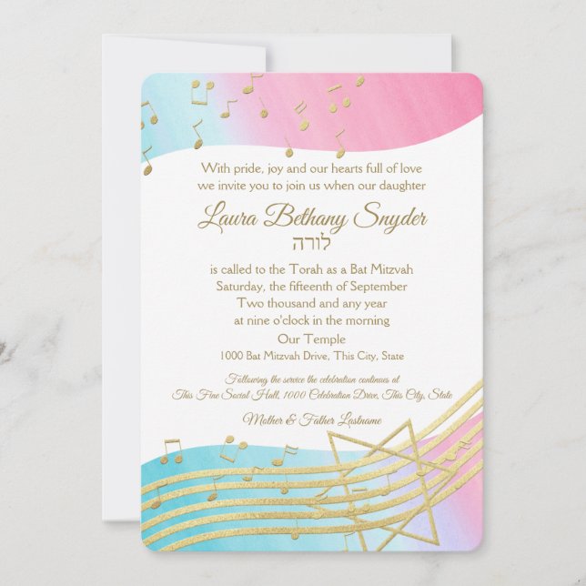 Convites Music Bat Mitzvah Watercolor e Dourado (Frente)