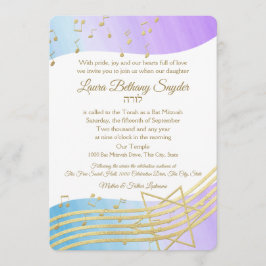 Convites Music Bat Mitzvah Watercolor e Dourado