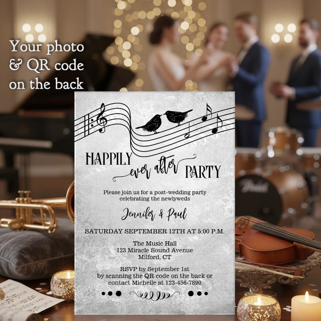 Convites Music Happily Ever After Wedding Photo (Music themed Happily Ever After wedding invitation with song birds and musical notes in B&W + QR)