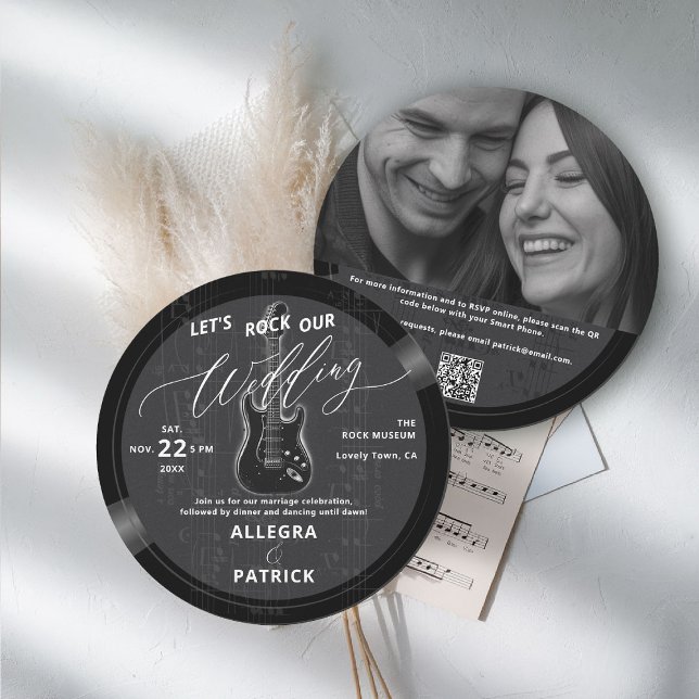 Convites Music Vinyl All One Photo QR Rock Our Weding (music theme wedding invitation rock vinyl record black white photo qr code all one musician guitar)