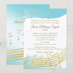 Convites Música Bat Mitzvah Azul e Dourado