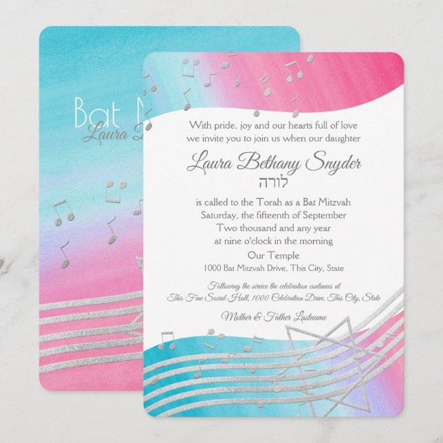 Convites Música Bat Mitzvah Watercolor e Prata (Frente/Verso)