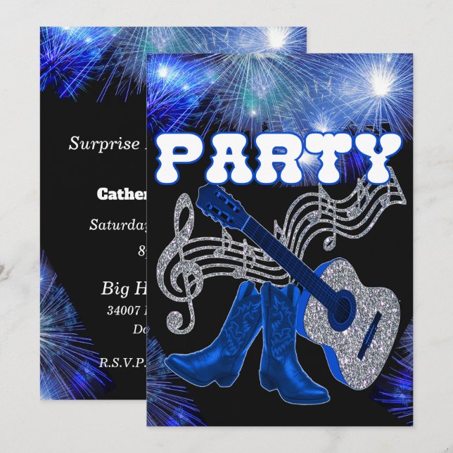 Convites Música Country Ocidental Guitarra Azul e Botas de  (Frente/Verso)