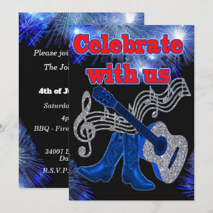 Convites Música Country Western, Guitarra Azul e Botas de C